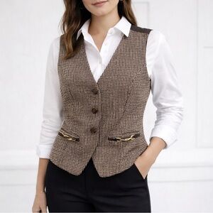 Free Market Brown Houndstooth Suit Style Vest with Gold Accents size Large